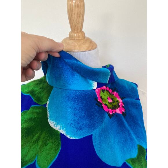 VINTAGE 60's 70's Sun Fashions of Hawaii Dress Maxi Sleeveless Blue Floral Sz 12 - Picture 2 of 5